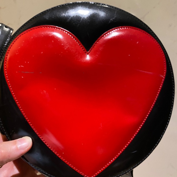 MOSCHINO Redwall Black Leather Red Heart Circle Round Shoulder Bag Vintage Rare - Picture 5 of 16